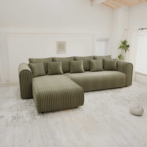 Colțar extensibil dumonde cu ladă de depozitare si sezut confortabil din spuma high-density, Monaco XL Tilia Olive 340x185 cm