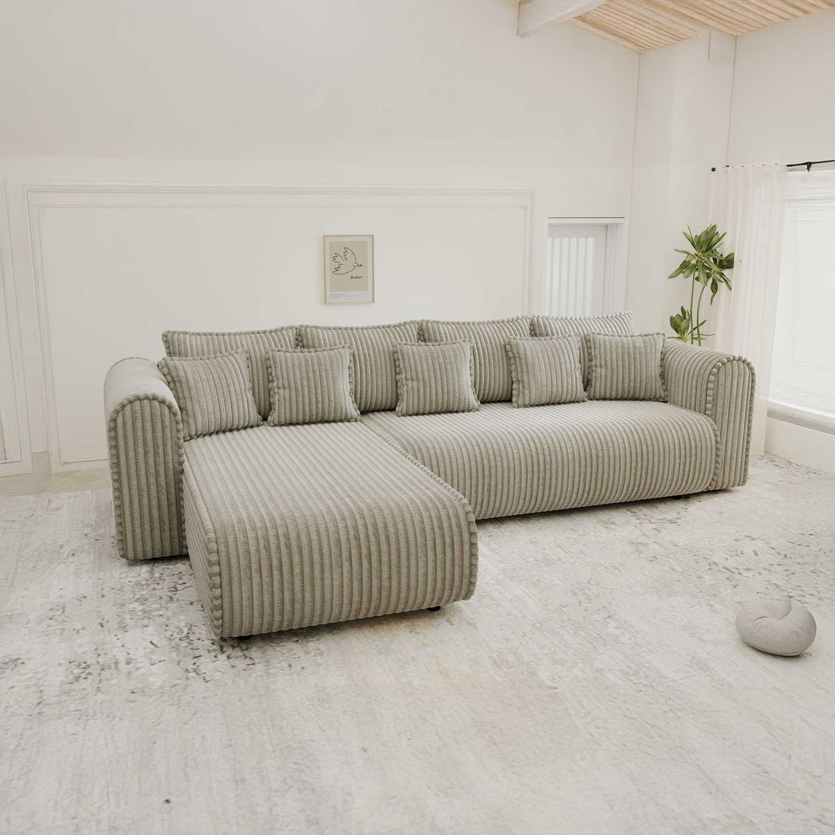 Colțar extensibil dumonde cu ladă de depozitare si sezut confortabil din spuma high-density, Monaco XL Tilia Capucino 340x185 cm