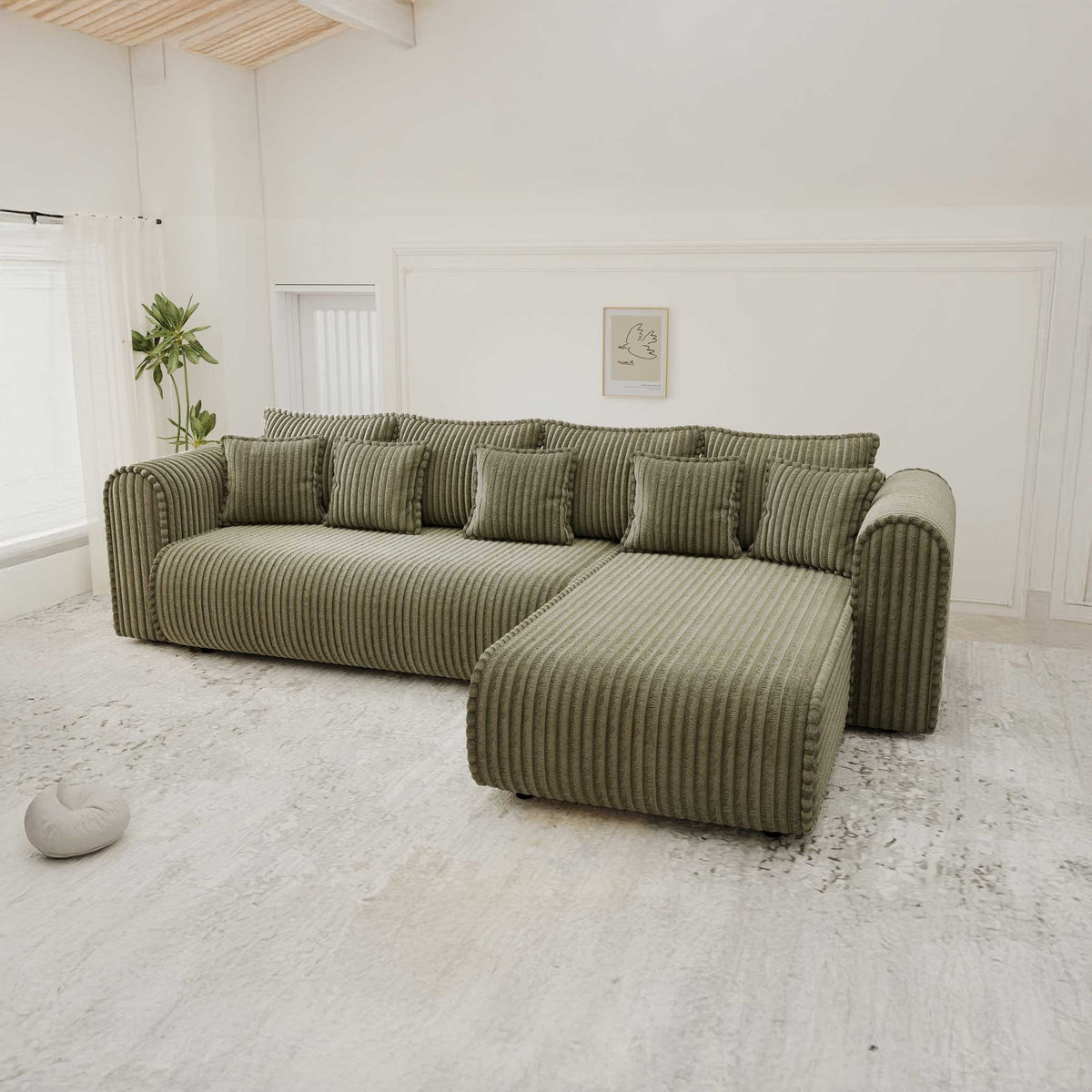 Colțar extensibil dumonde cu ladă de depozitare si sezut confortabil din spuma high-density, Monaco XL Tilia Olive II 340x185 cm
