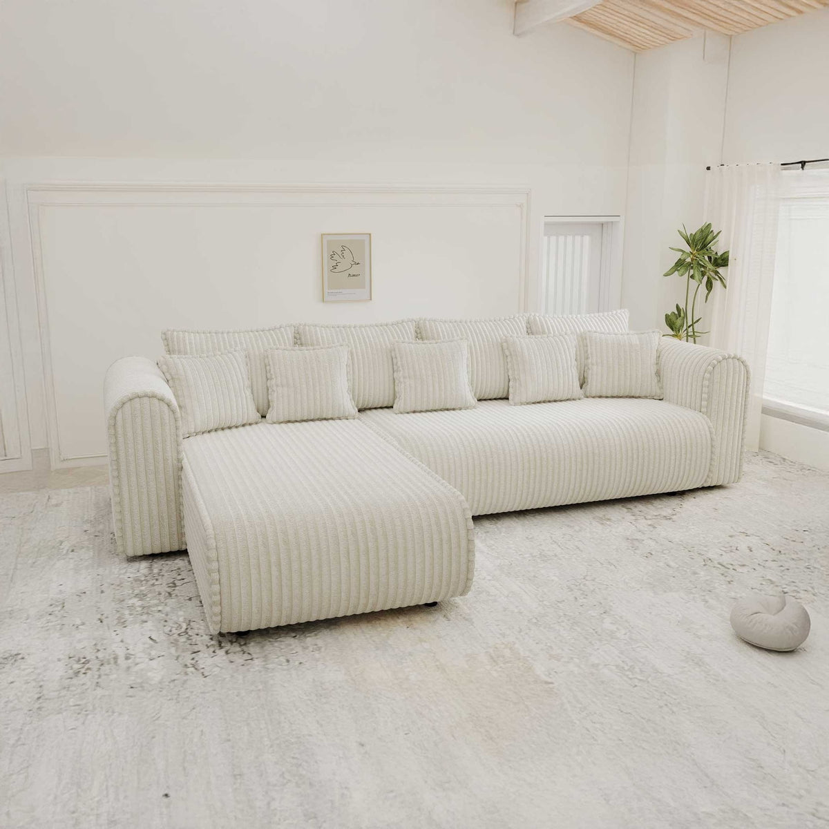 Colțar extensibil dumonde cu ladă de depozitare si sezut confortabil din spuma high-density, Monaco XL Tilia Crem 340x185 cm