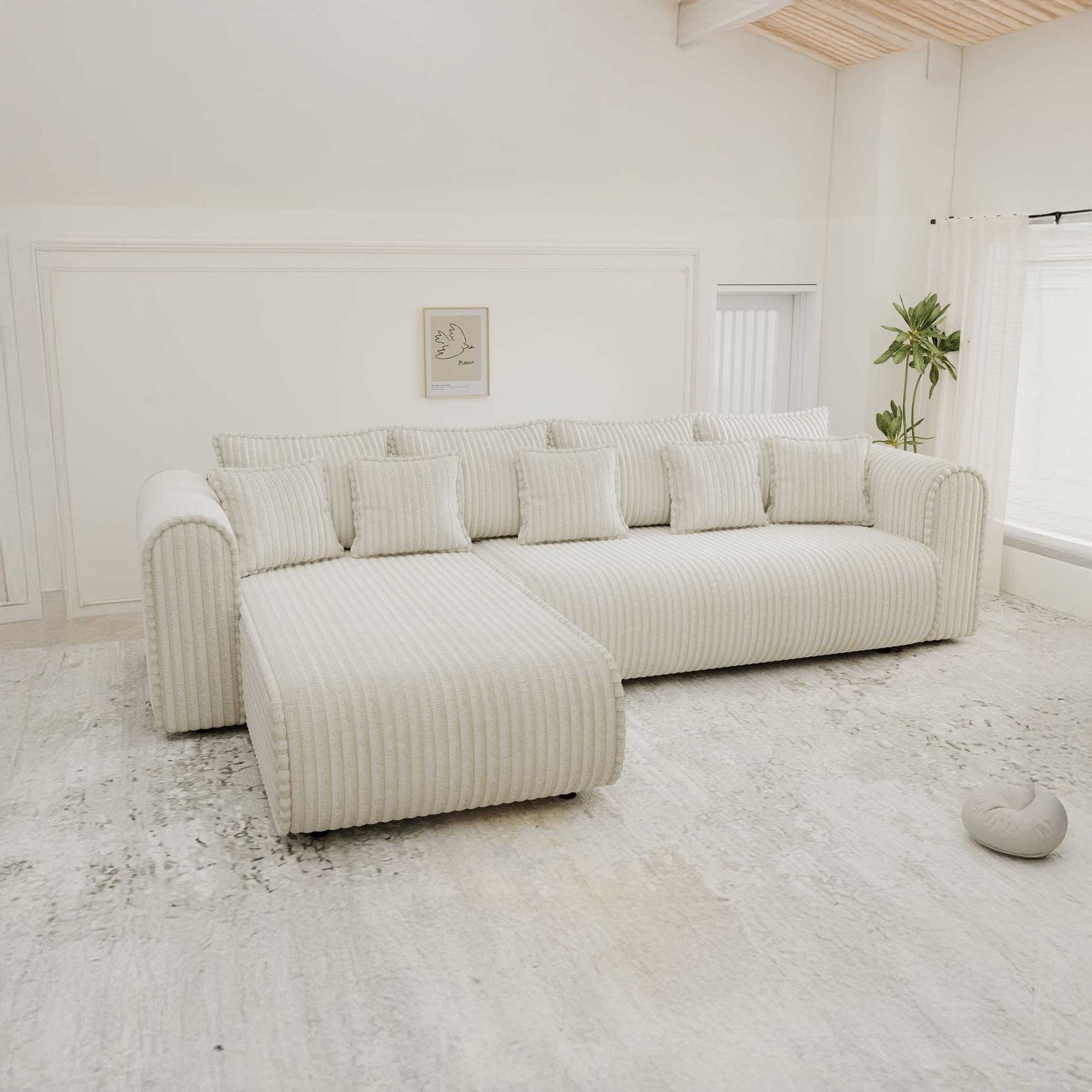 Colțar extensibil dumonde cu ladă de depozitare si sezut confortabil din spuma high-density, Monaco XL Tilia Crem 340x185 cm