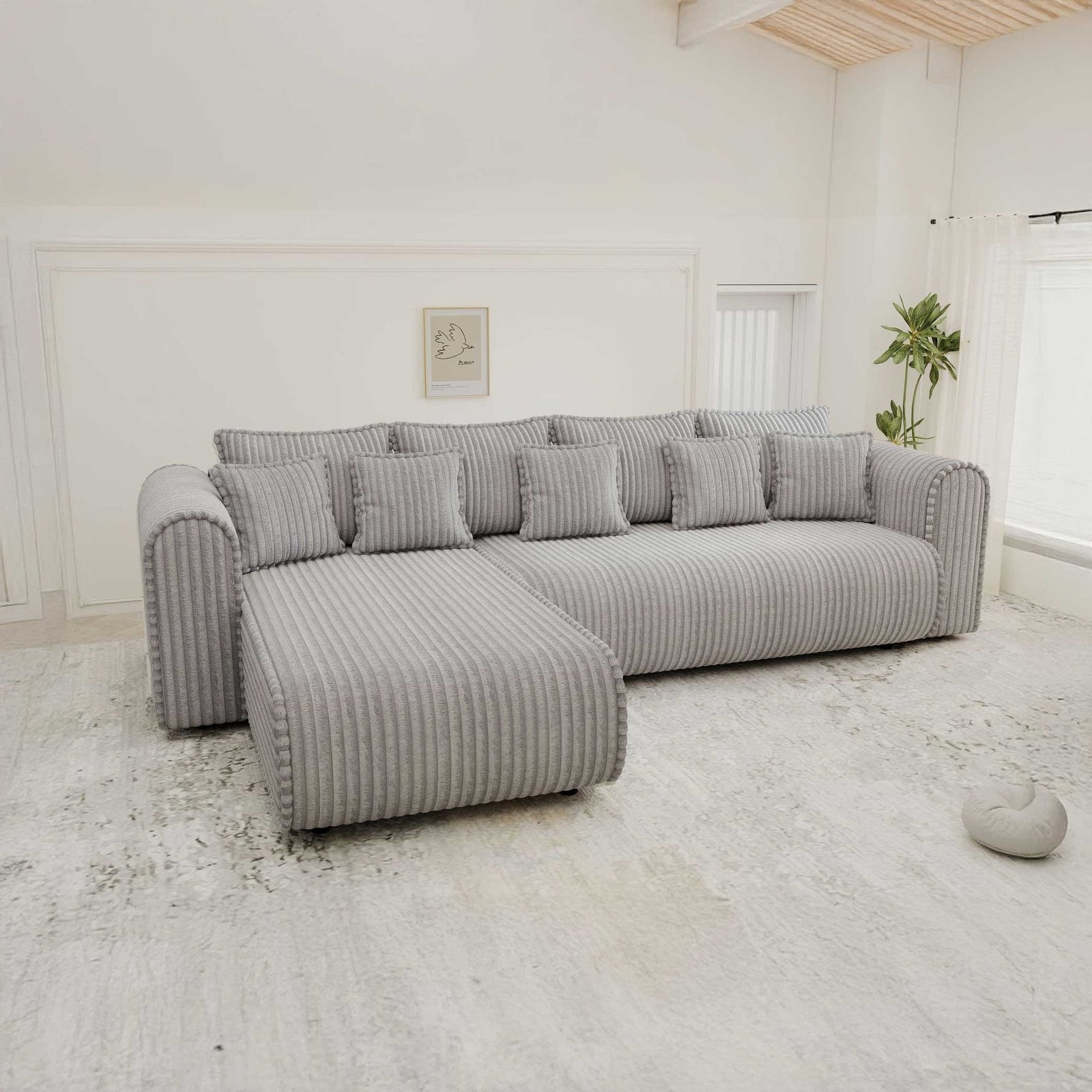 Colțar extensibil dumonde cu ladă de depozitare si sezut confortabil din spuma high-density, Monaco XL Tilia Dove 340x185 cm