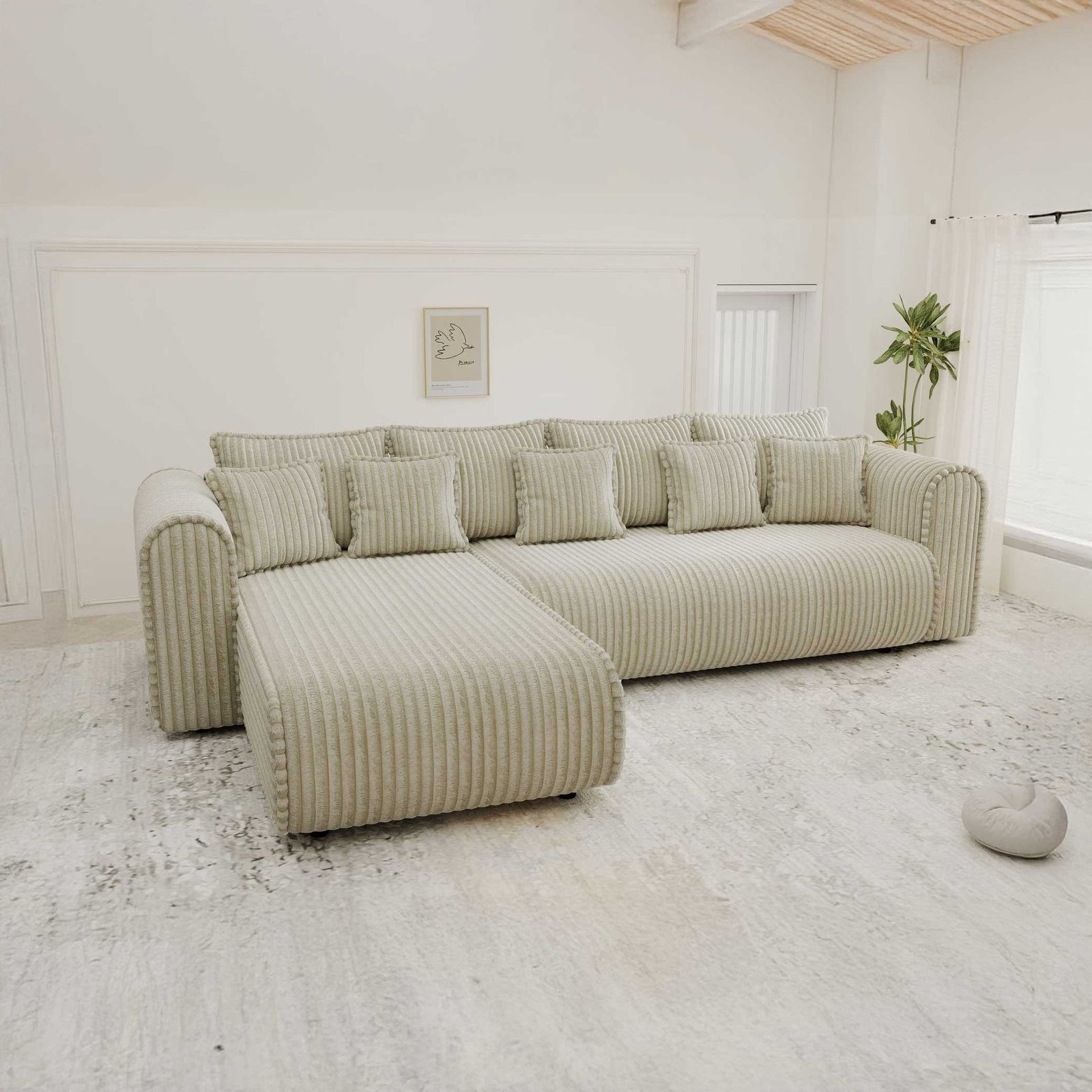 Colțar extensibil dumonde cu ladă de depozitare si sezut confortabil din spuma high-density, Monaco XL Tilia Bej 340x185 cm