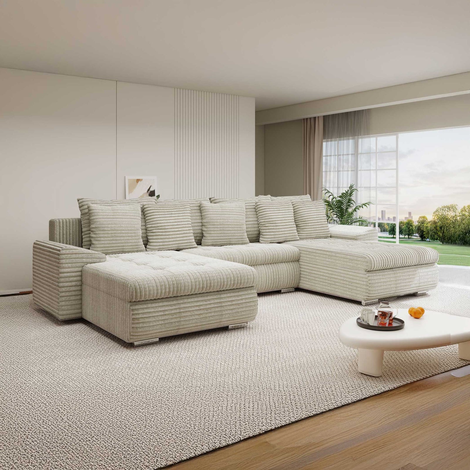 Colțar extensibil dumonde cu ladă de depozitare si sezut confortabil din spuma high-density, Leonardo U Tilia Bej 08 360x185 cm