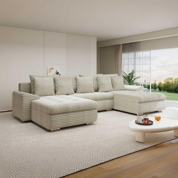 Colțar extensibil dumonde cu ladă de depozitare si sezut confortabil din spuma high-density, Leonardo U Tilia Bej 08 360x185 cm