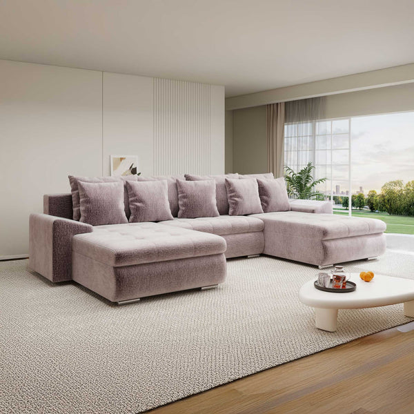 Colțar extensibil dumonde cu ladă de depozitare si sezut confortabil din spuma high-density, Leonardo U Monolith Roz Pudrat 62 360x185 cm