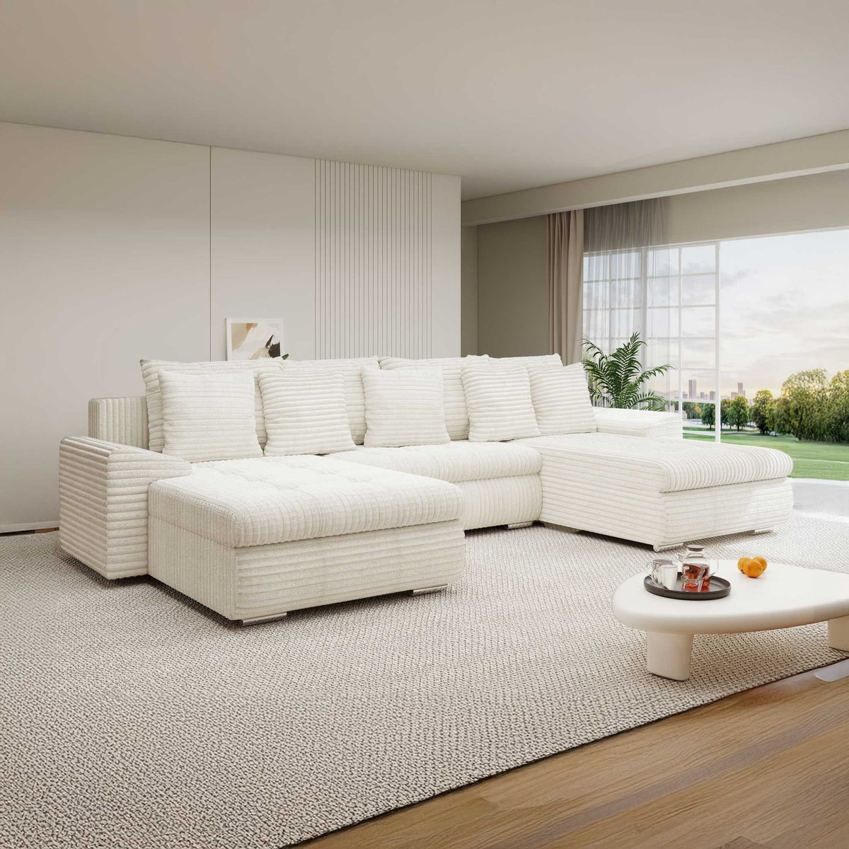 Colțar extensibil dumonde cu ladă de depozitare si sezut confortabil din spuma high-density, Leonardo U Tilia Bej 01 360x185 cm