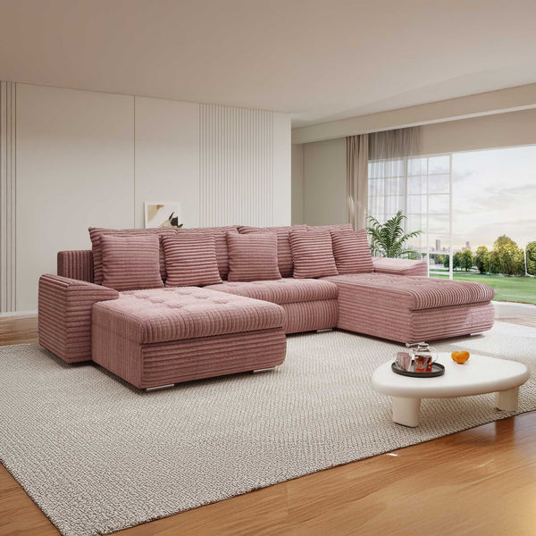 Colțar extensibil dumonde cu ladă de depozitare si sezut confortabil din spuma high-density, Leonardo U Tilia Roz Pudrat 62 360x185 cm