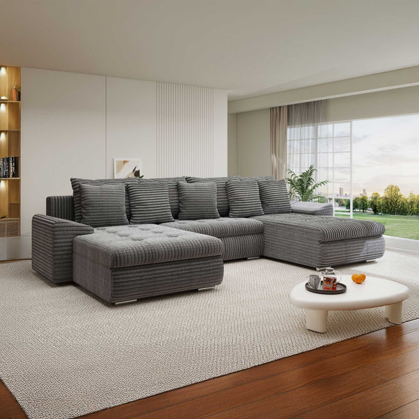Colțar extensibil dumonde cu ladă de depozitare si sezut confortabil din spuma high-density, Leonardo U Tilia Gri 90 360x185 cm