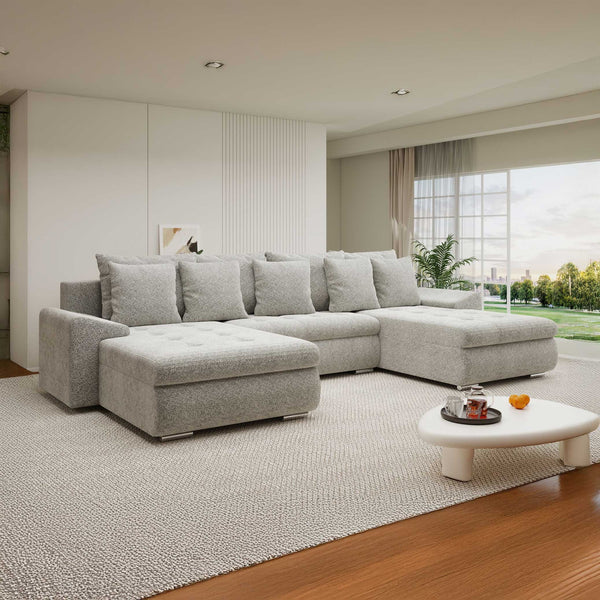 Colțar extensibil dumonde cu ladă de depozitare si sezut confortabil din spuma high-density, Leonardo U Arena Bej 02 360x185 cm