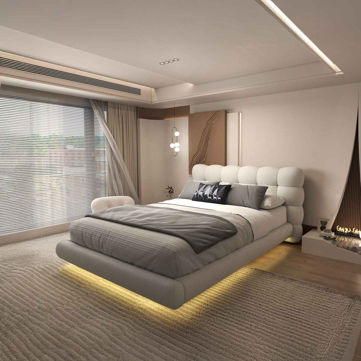 Pat dormitor dumonde, tapitat alb cu LED, "floating bed" Cloud 160x200 cm, somiera inclusa WLS