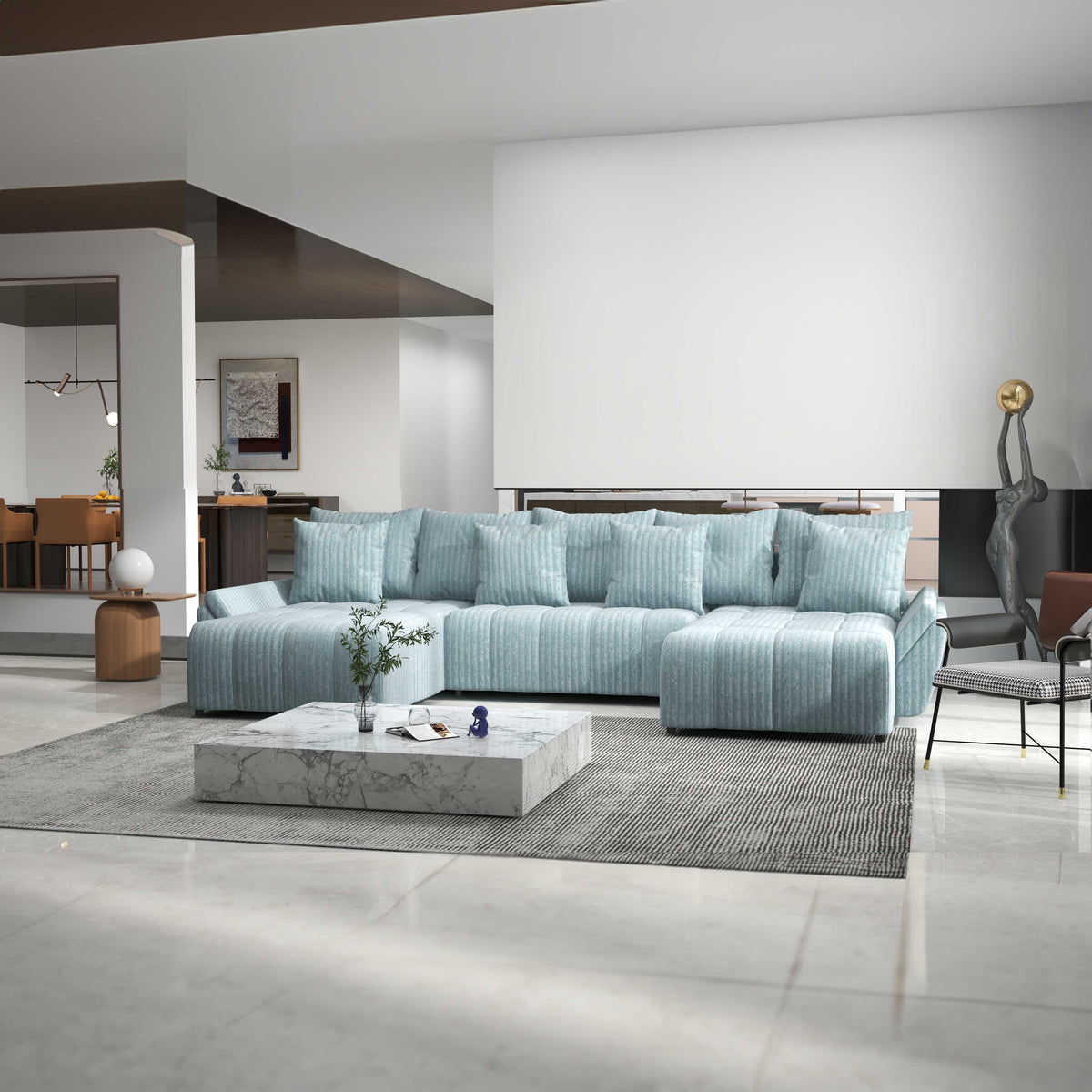 Colțar extensibil dumonde cu ladă de depozitare si sezut confortabil din spuma HR, Berlin U Mint 380x180 cm Fabrica