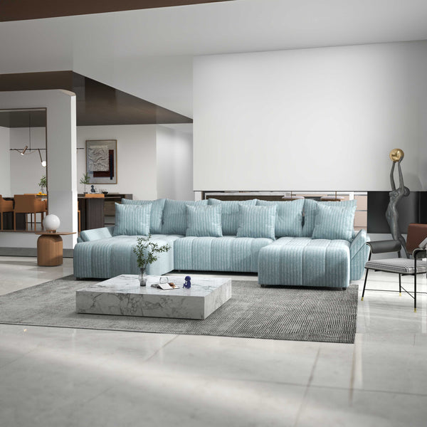 Colțar extensibil dumonde cu ladă de depozitare si sezut confortabil din spuma HR, Berlin U Mint 380x180 cm Fabrica