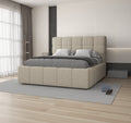 Pat dormitor dumonde, tapitat beige, Armonia 180x200 cm, somiera rabatabila inclusa, spatiu depozitare