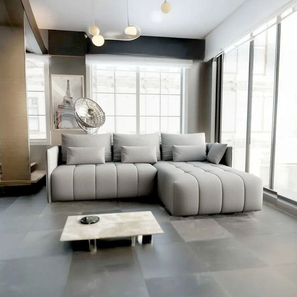 Colțar extensibil dumonde cu ladă de depozitare si sezut confortabil din spuma HR, Malta Enjoy Silver II 235x185 cm Fabrica