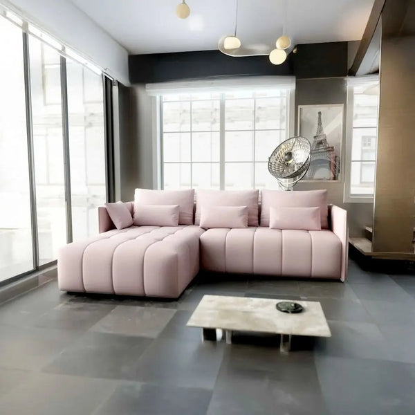Colțar extensibil dumonde cu ladă de depozitare si sezut confortabil din spuma HR, Malta Enjoy Flamingo 235x185 cm Fabrica