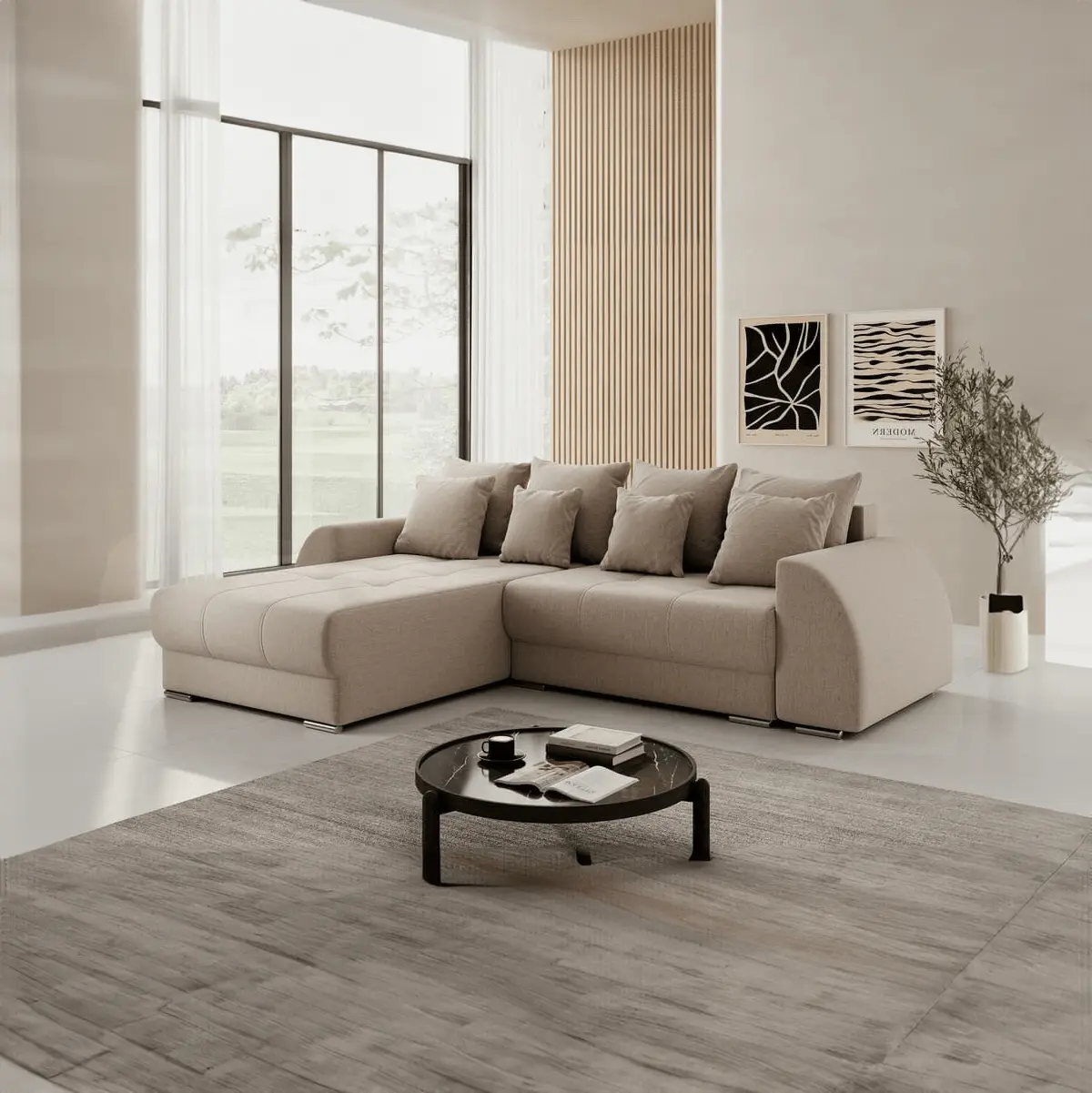 Colțar extensibil dumonde cu ladă de depozitare si sezut confortabil din spuma HR, Verona Beige 290x185 cm Fabrica