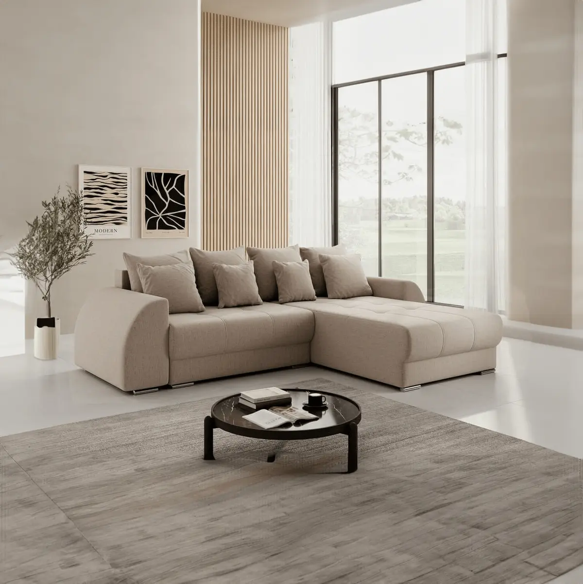 Colțar extensibil dumonde cu ladă de depozitare si sezut confortabil din spuma HR, Verona Beige II 290x185 cm Fabrica