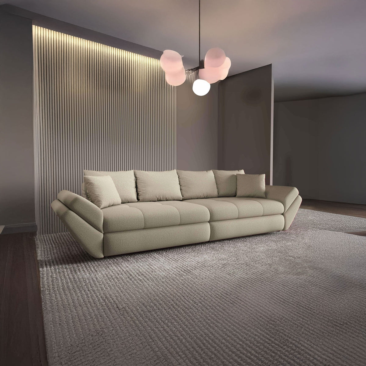 Canapea extensibilă dumonde cu ladă de depozitare si sezut confortabil din spuma HR, Loana Enjoy Camel 300x100 cm Fabrica