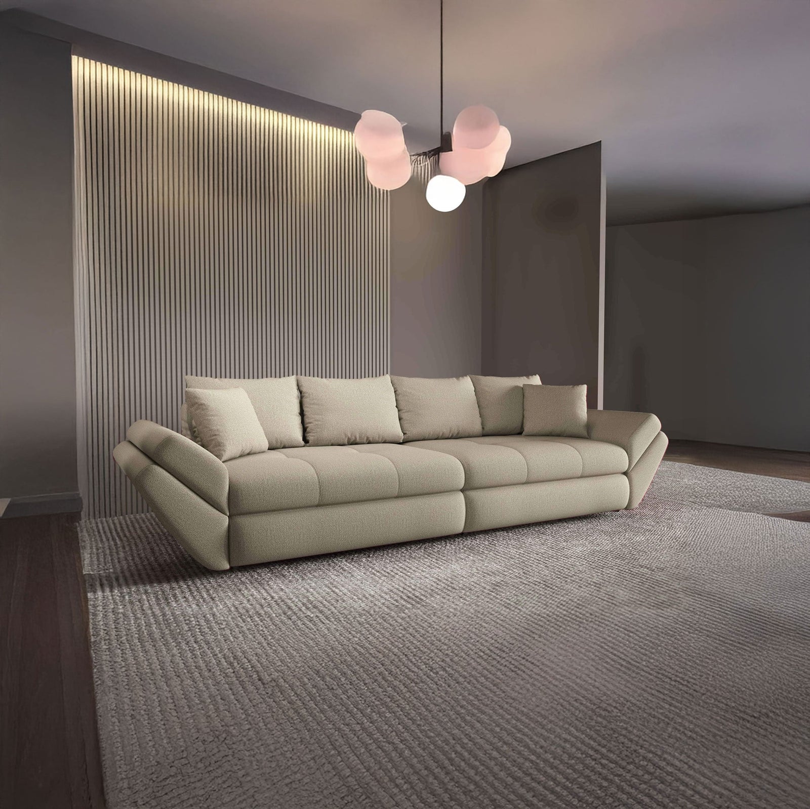 Canapea extensibilă dumonde cu ladă de depozitare si sezut confortabil din spuma HR, Loana Enjoy Camel 300x100 cm Fabrica