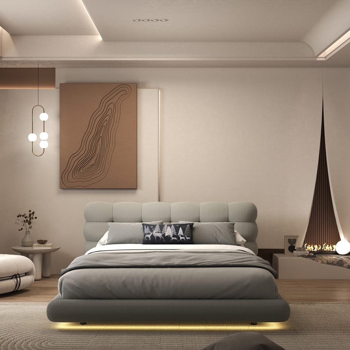Pat dormitor dumonde, tapitat gri cu LED "floating bed" Cloud 160x200 cm, somiera inclusa