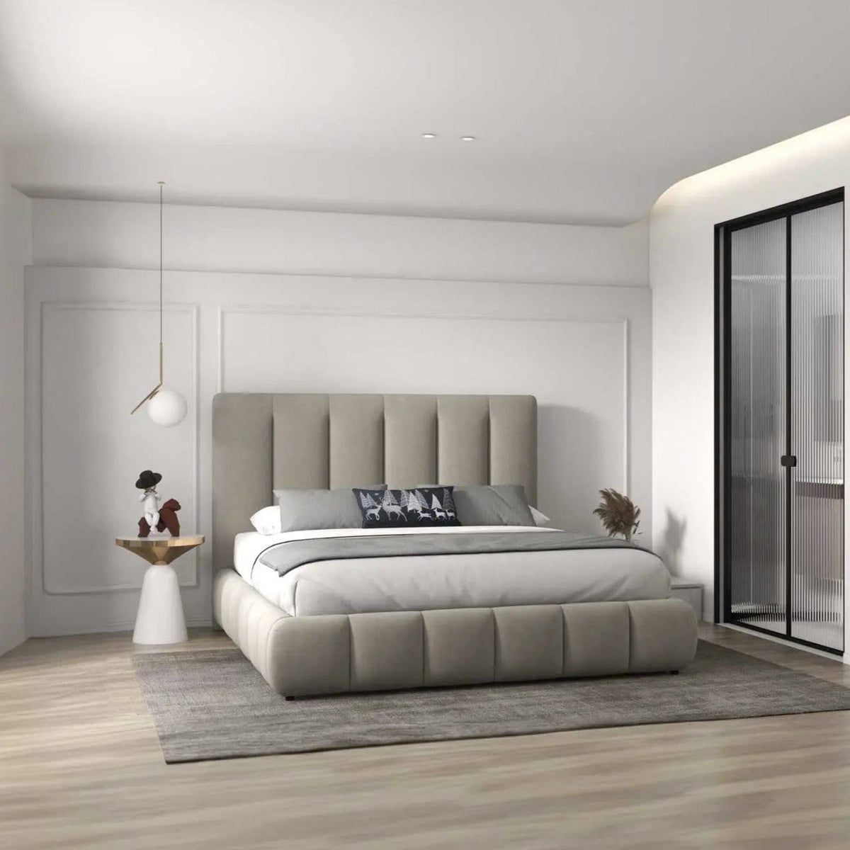 Pat dormitor dumonde, tapitat bej, Divaneo 140x200 cm, somiera rabatabila inclusa, spatiu depozitare