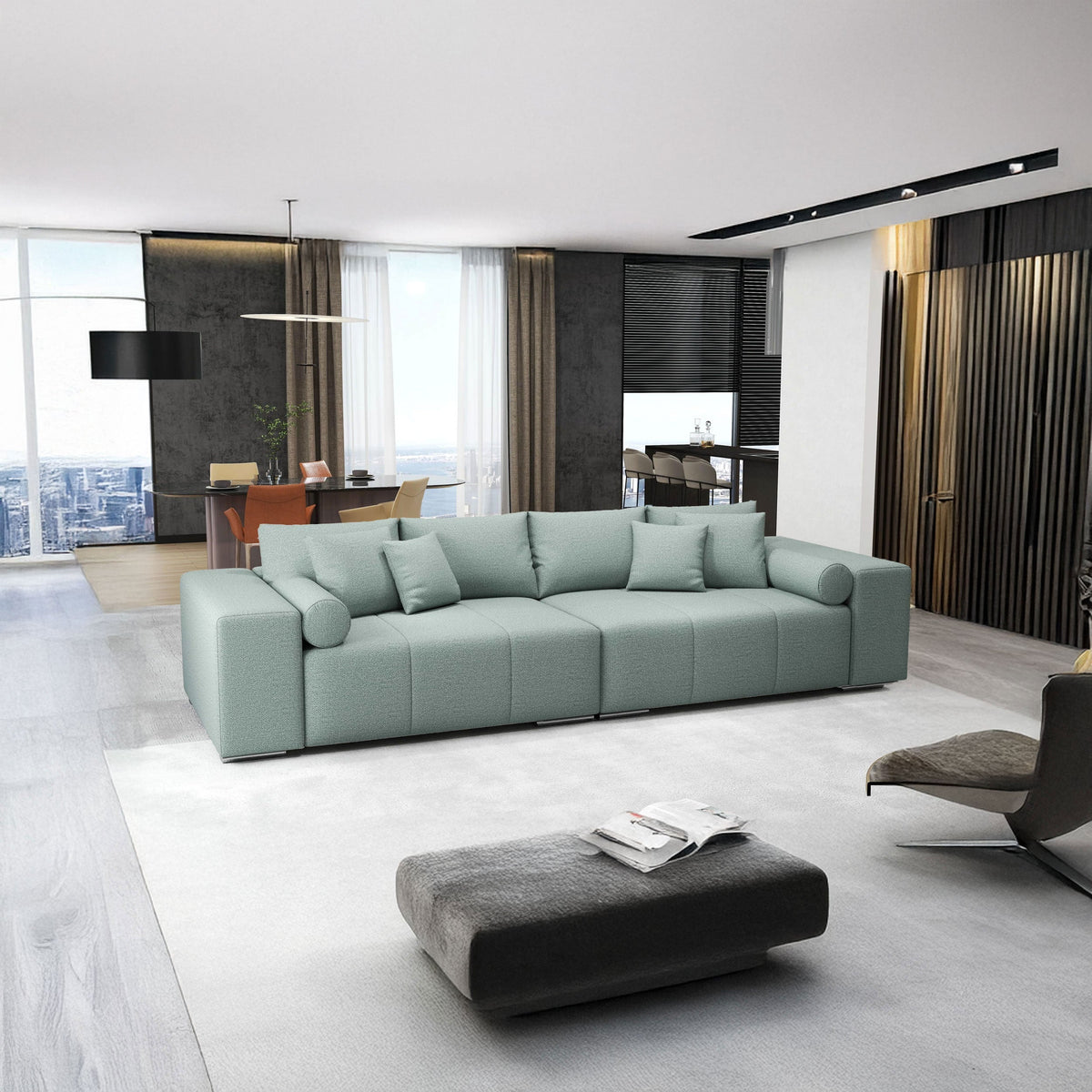 Canapea extensibilă dumonde cu ladă de depozitare si sezut confortabil din spuma HR, Marbela Enjoy Mint XXL 295x100 cm fabrica