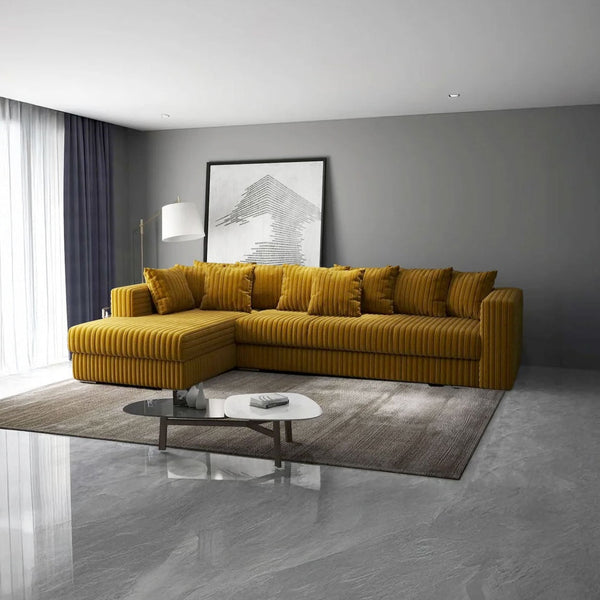 Colțar extensibil dumonde cu ladă de depozitare si sezut confortabil din spuma HR, Gloria Ambience Mustar 320x183 cm Fabrica