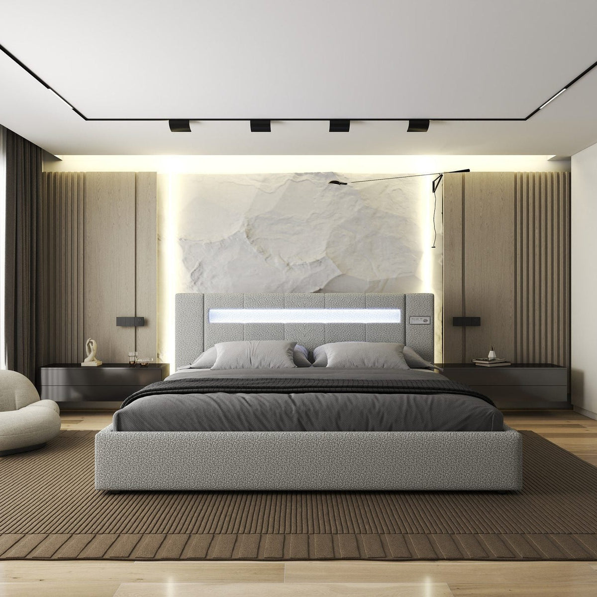 Pat dormitor dumonde, tapitat Gri, Glow 160x200 cm, somiera rabatabila inclusa, spatiu depozitare