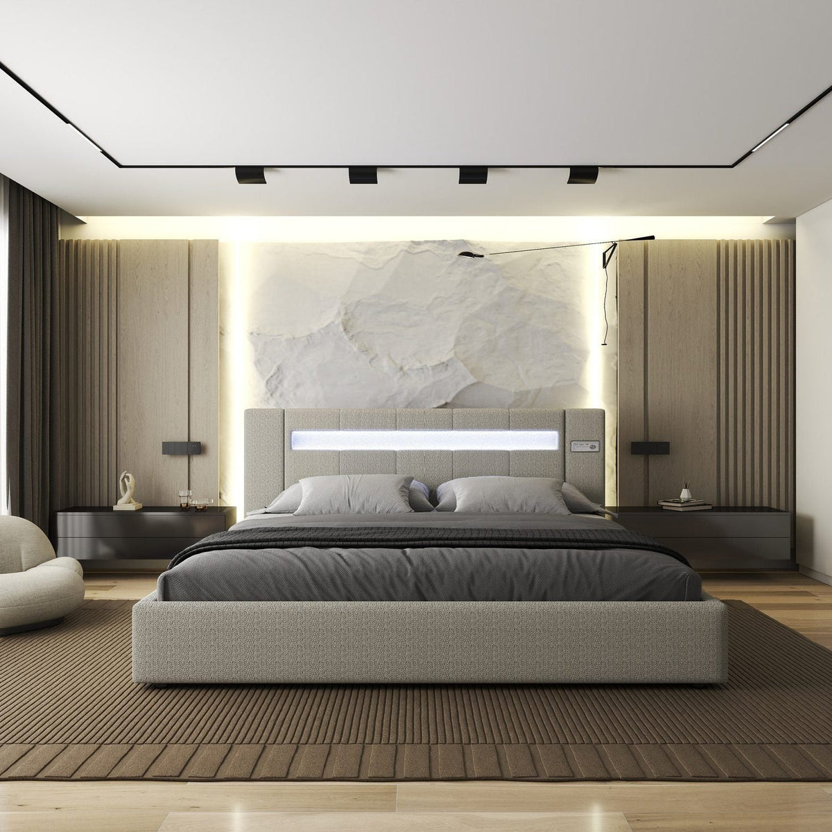 Pat dormitor dumonde, tapitat Gri, Glow 160x200 cm, somiera rabatabila inclusa, spatiu depozitare