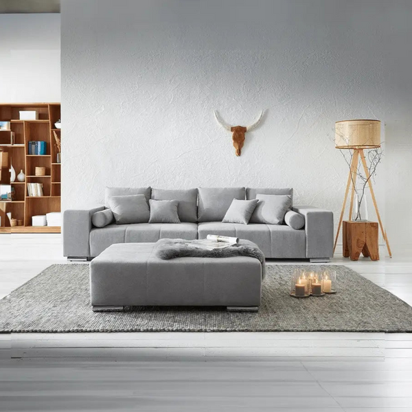 Canapea extensibilă dumonde cu ladă de depozitare Marbela Enjoy Silver XXL 295x120 cm cu taburet inclus