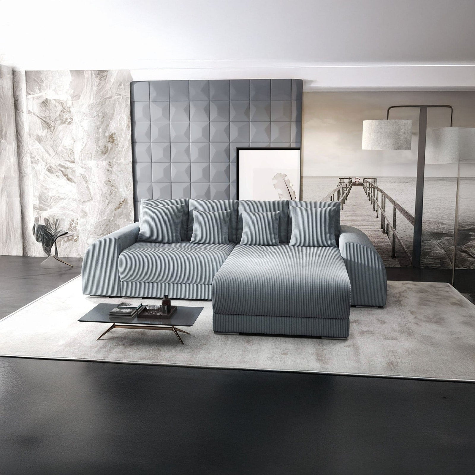 Colțar extensibil dumonde cu ladă de depozitare si sezut confortabil din spuma HR, Verona Zoom Gri II 290x185 cm Fabrica