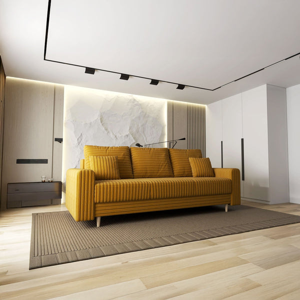 Canapea extensibilă dumonde cu ladă de depozitare si sezut confortabil din spuma HR, Kronos Ambience Mustar 210x100 cm fabrica