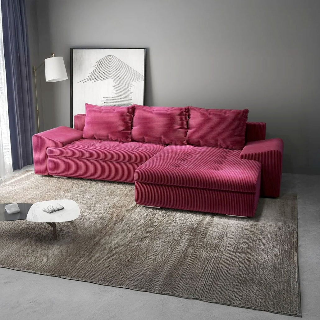 Colțar extensibil dumonde cu ladă de depozitare si sezut confortabil din spuma HR, Leonardo Zoom Rosu 260x185 cm II Fabrica