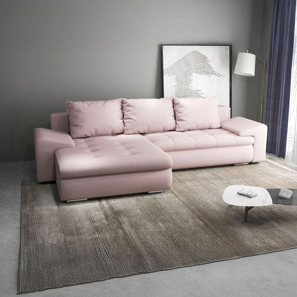 Colțar extensibil dumonde cu ladă de depozitare si sezut confortabil din spuma HR, Leonardo Enjoy Roz 260x185 cm Fabrica