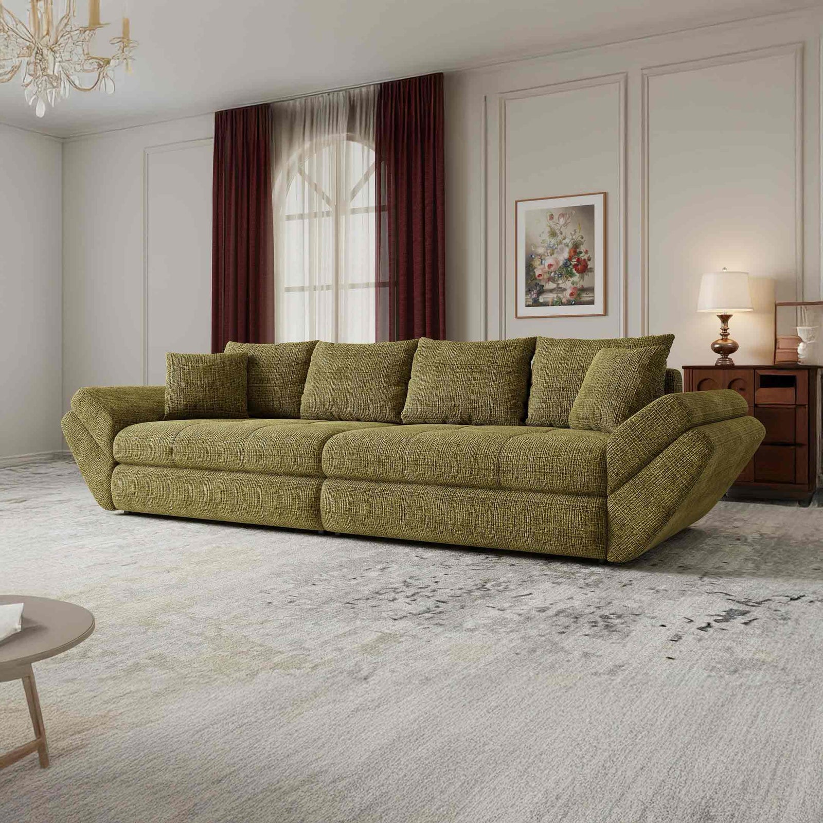 Canapea extensibilă dumonde cu ladă de depozitare Loana Cremona Olive 300x100 cm