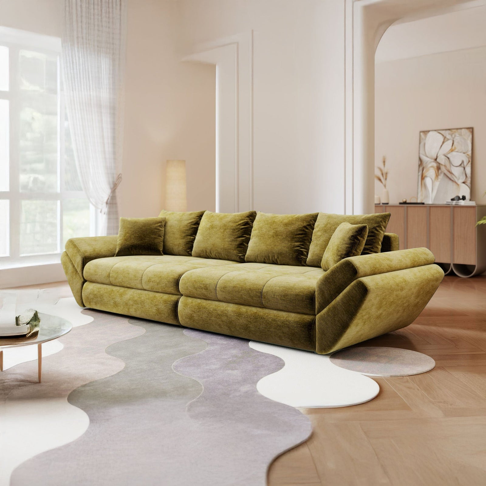 Canapea extensibilă dumonde cu ladă de depozitare Loana Monolith Verde olive 300x100 cm