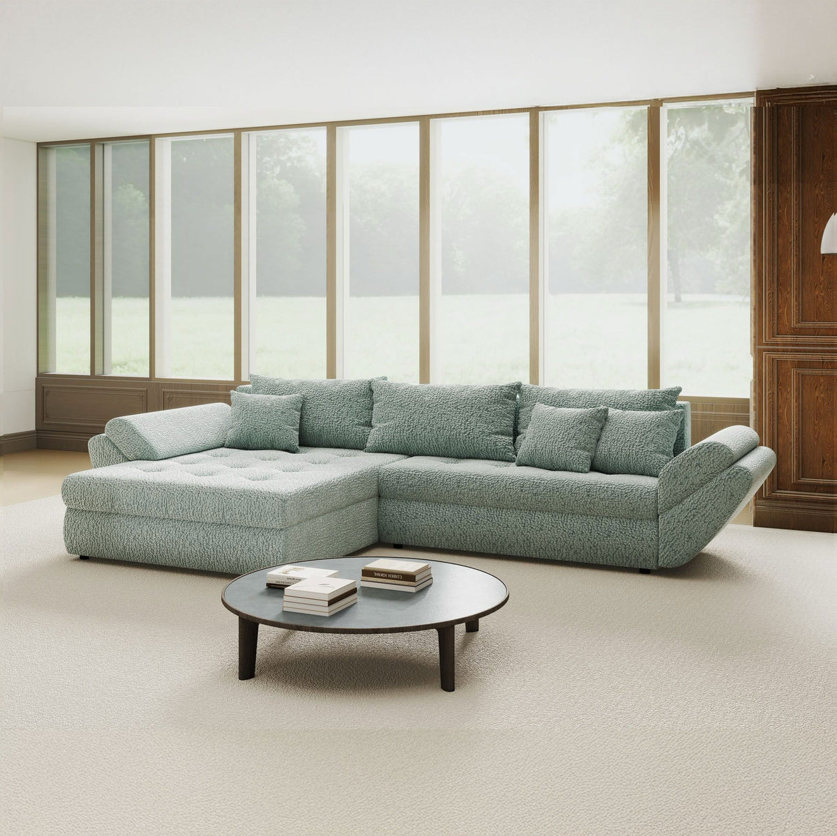 Colțar extensibil dumonde cu ladă de depozitare Loana Jaguar Verde mint 270x185 cm