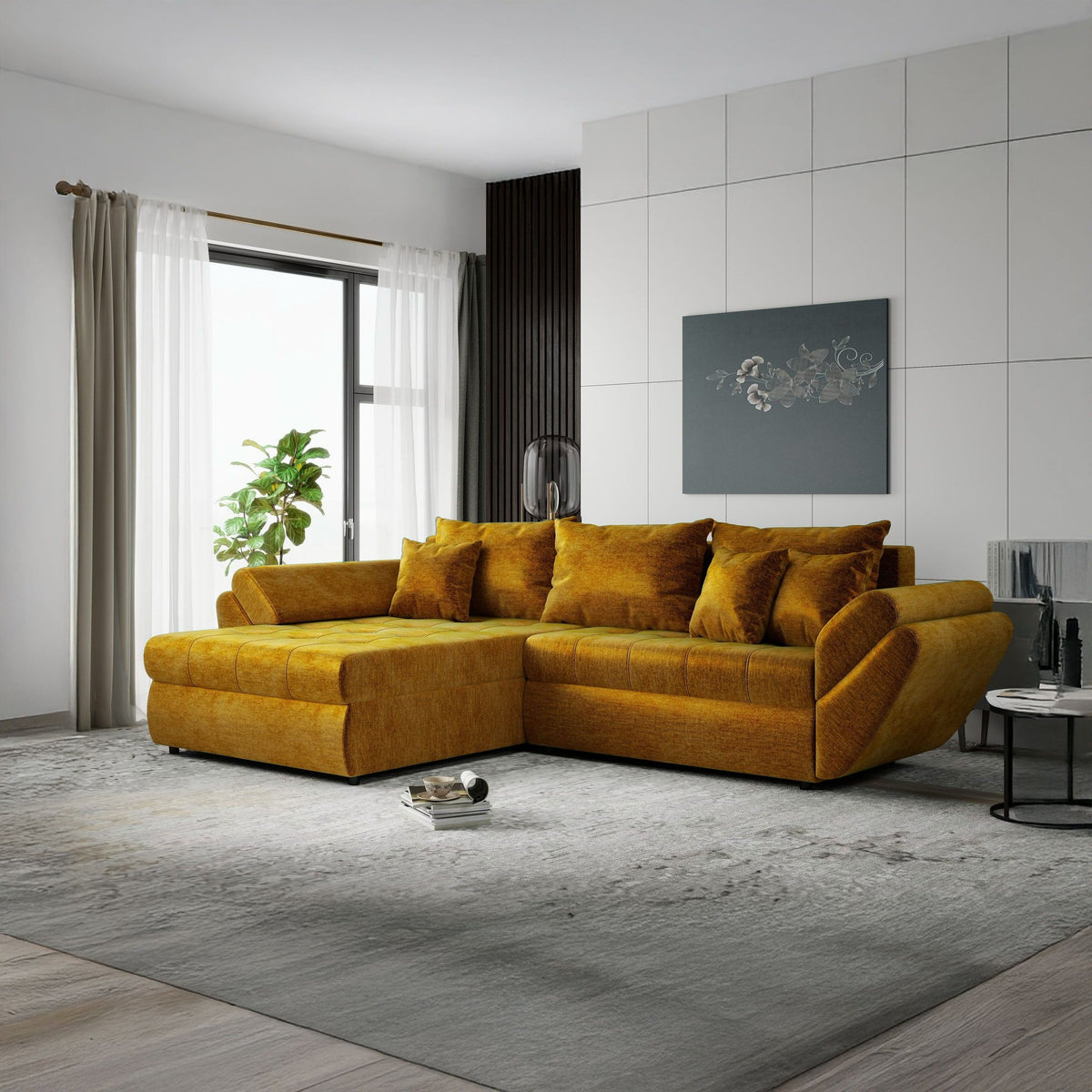 Colțar extensibil dumonde cu ladă de depozitare Loana Monolith Mustar 270x185 cm