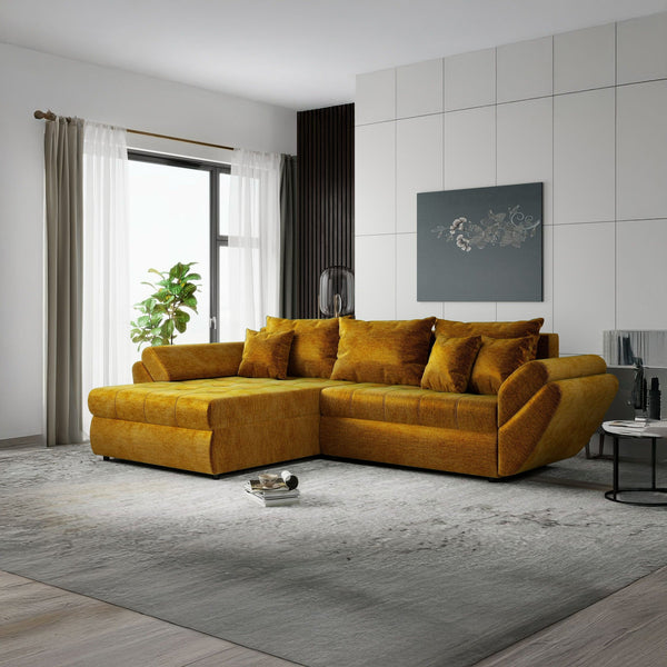 Colțar extensibil dumonde cu ladă de depozitare Loana Monolith Mustar 270x185 cm