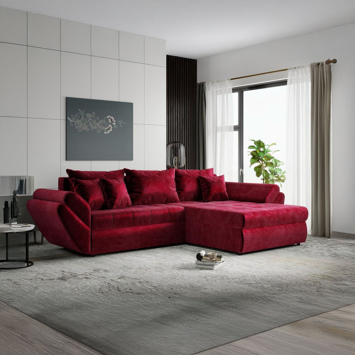 Colțar extensibil dumonde cu ladă de depozitare Loana Monolith Rosu II 270x185 cm