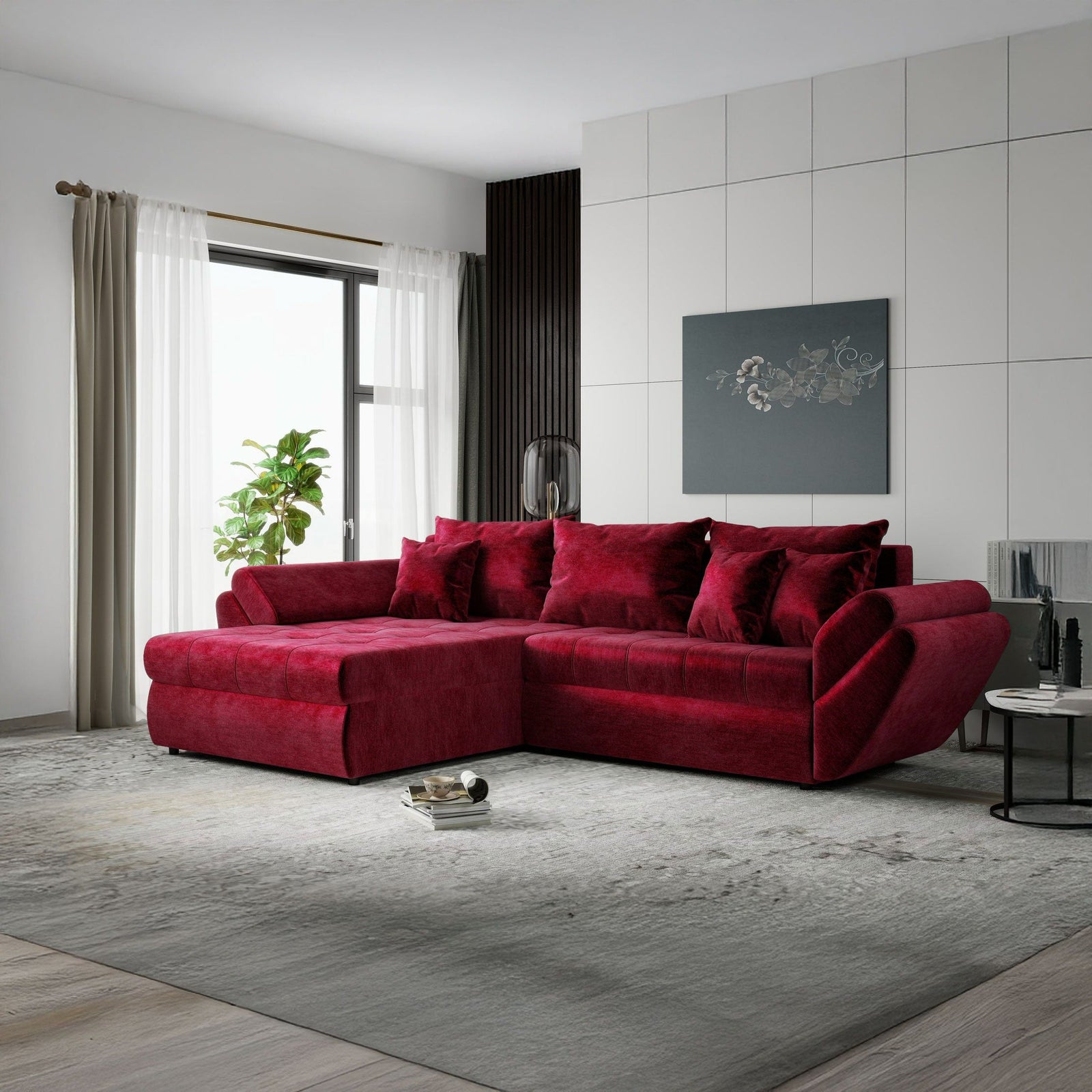 Colțar extensibil dumonde cu ladă de depozitare Loana Monolith Rosu 270x185 cm