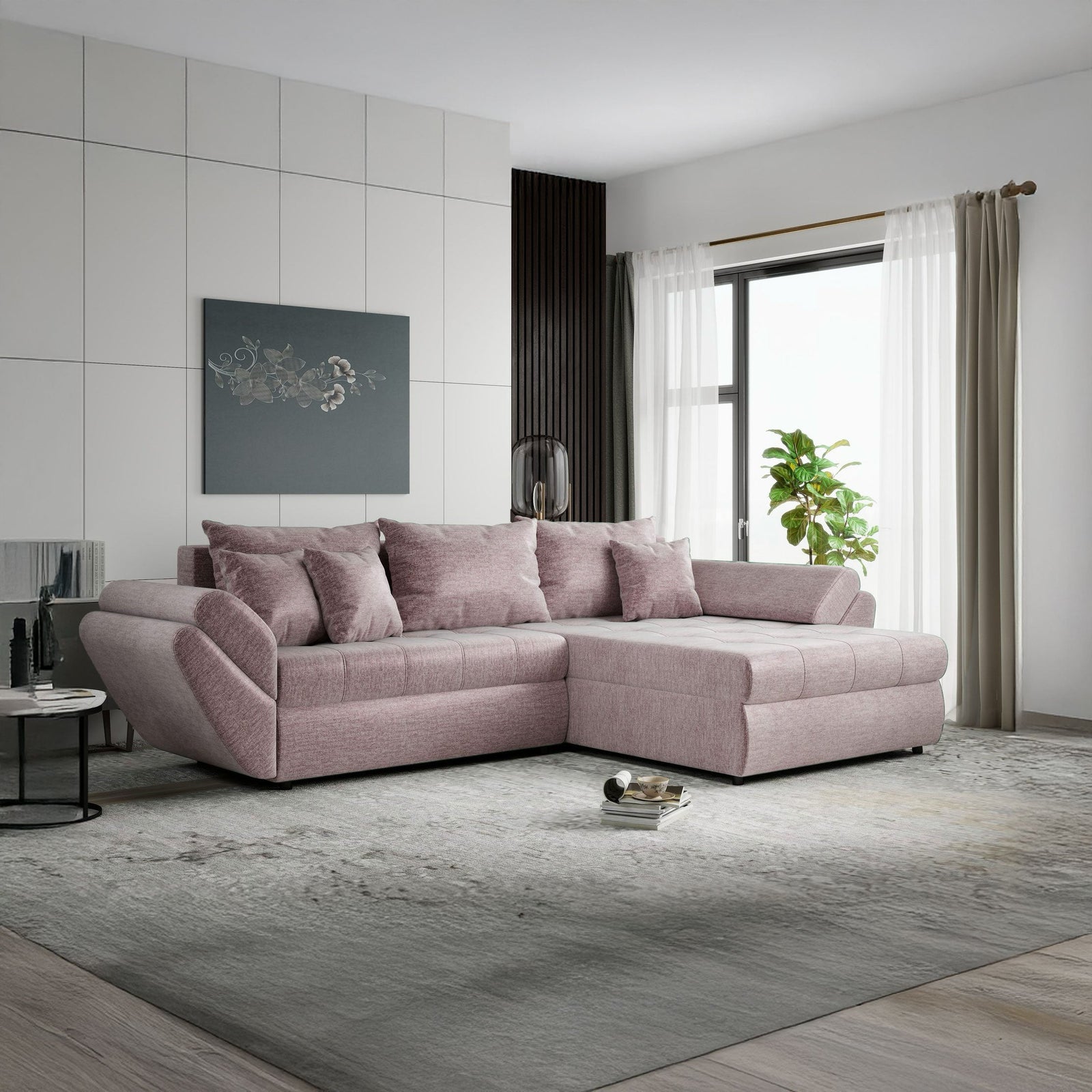 Colțar extensibil dumonde cu ladă de depozitare Loana Monolith Roz pudrat II 270x185 cm