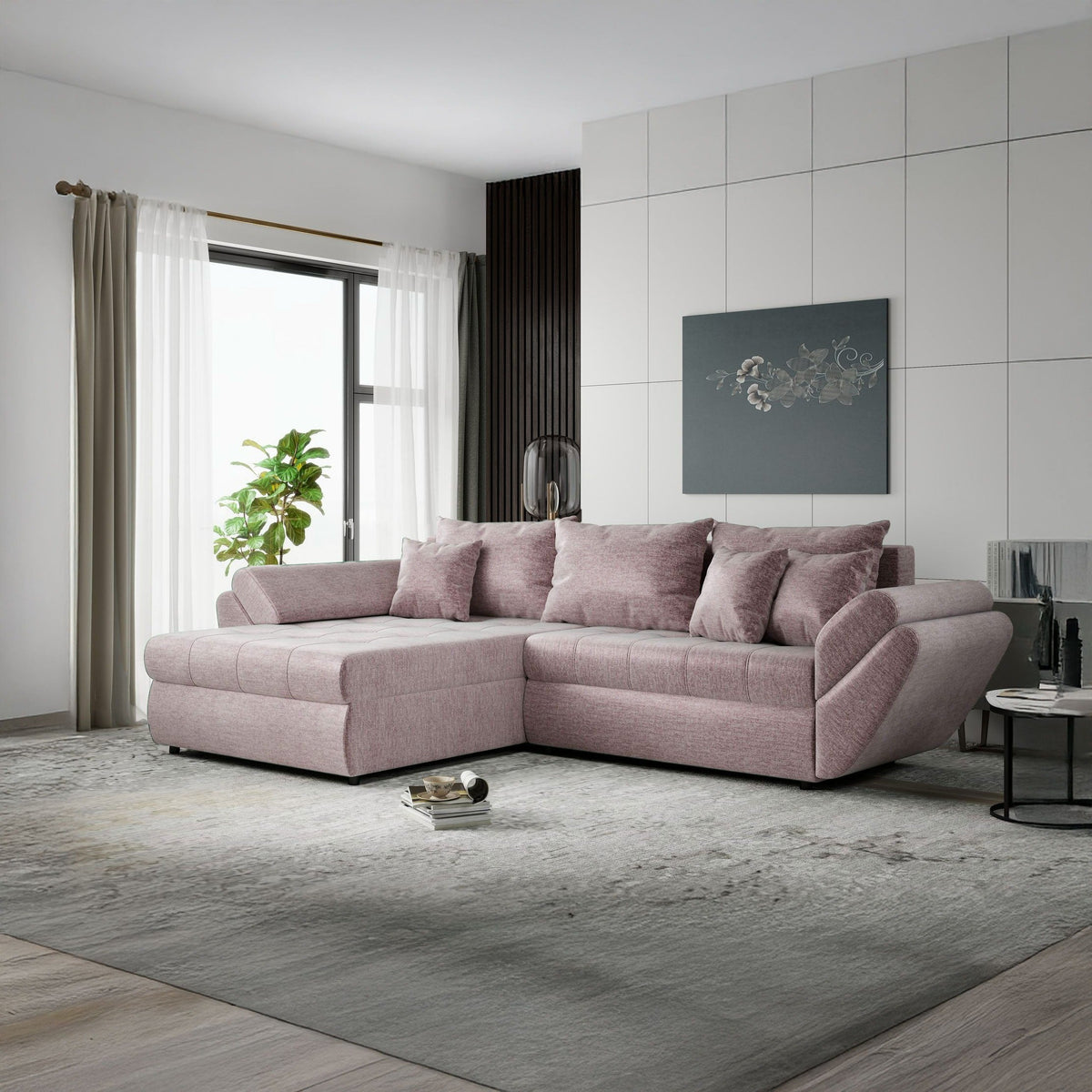 Colțar extensibil dumonde cu ladă de depozitare Loana Monolith Roz pudrat 270x185 cm