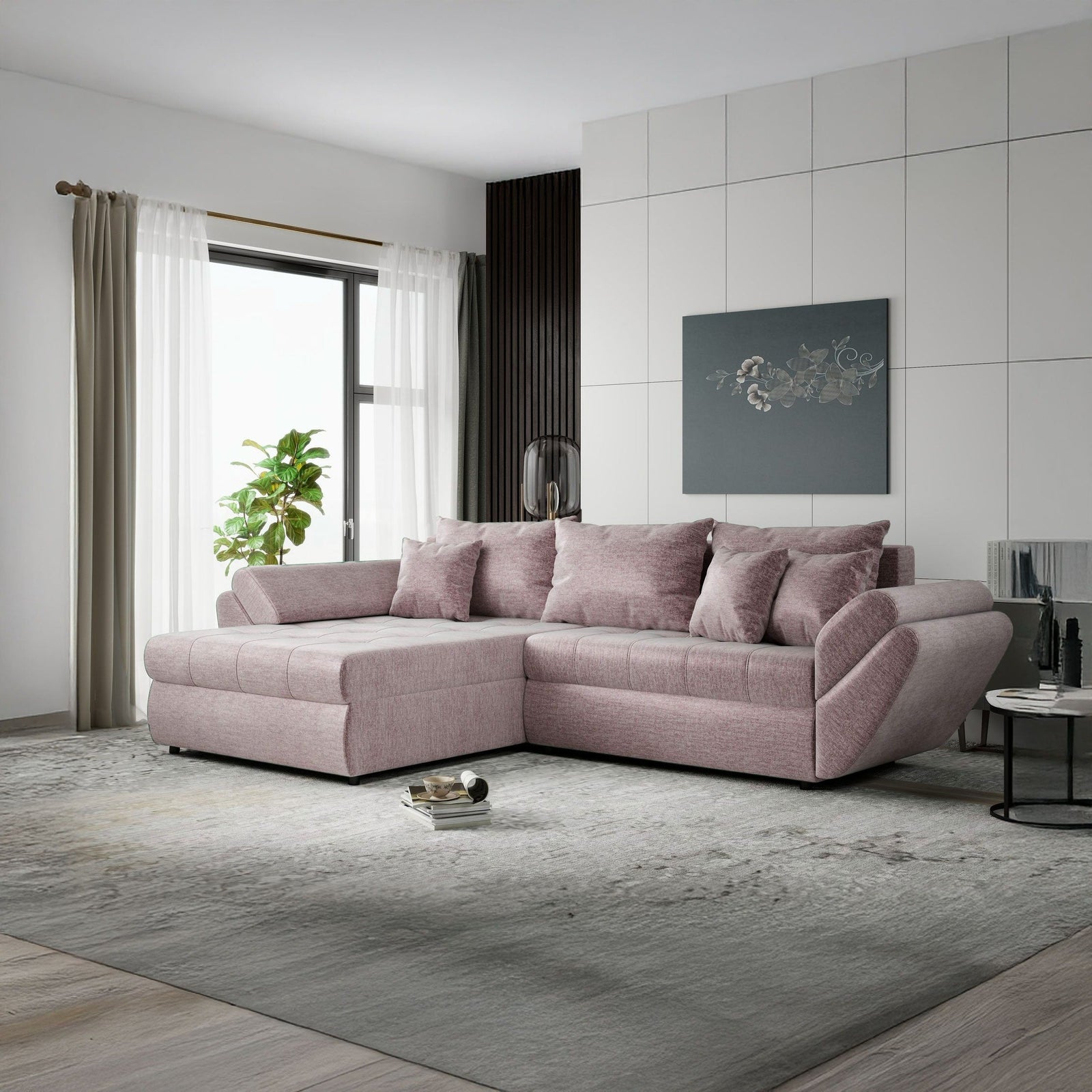 Colțar extensibil dumonde cu ladă de depozitare Loana Monolith Roz pudrat 270x185 cm