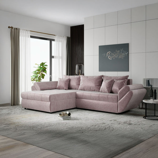Colțar extensibil dumonde cu ladă de depozitare Loana Monolith Roz pudrat 270x185 cm