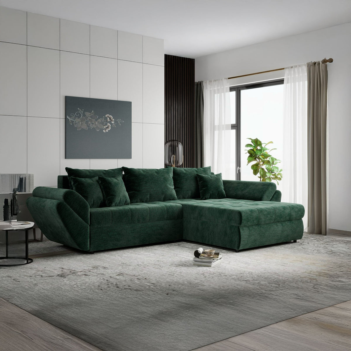 Colțar extensibil dumonde cu ladă de depozitare Loana Monolith Verde II 270x185 cm