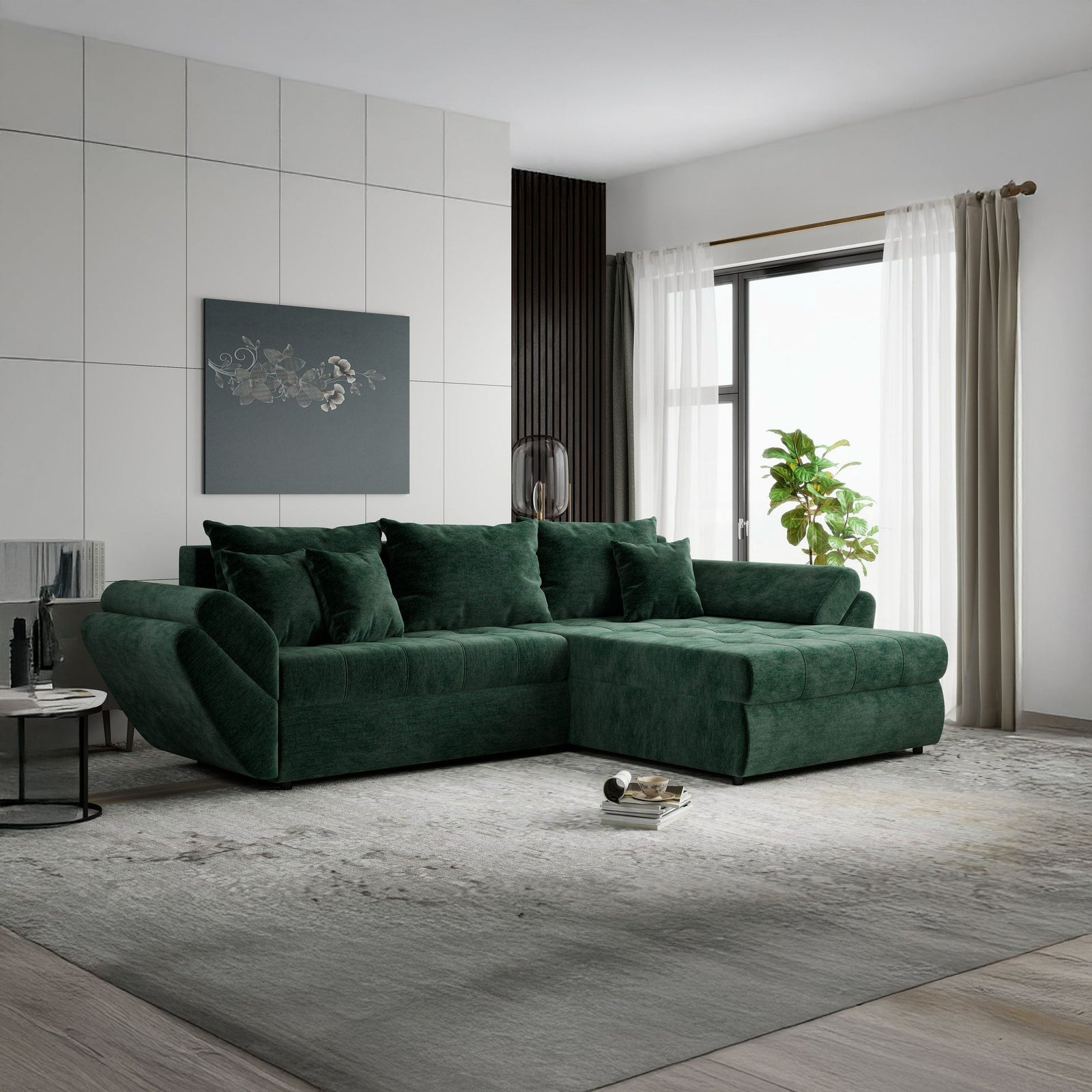 Colțar extensibil dumonde cu ladă de depozitare Loana Monolith Verde II 270x185 cm