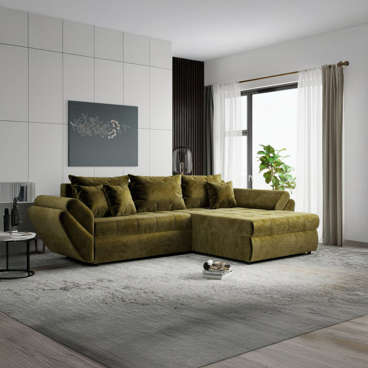 Colțar extensibil dumonde cu ladă de depozitare Loana Monolith Verde olive II 270x185 cm