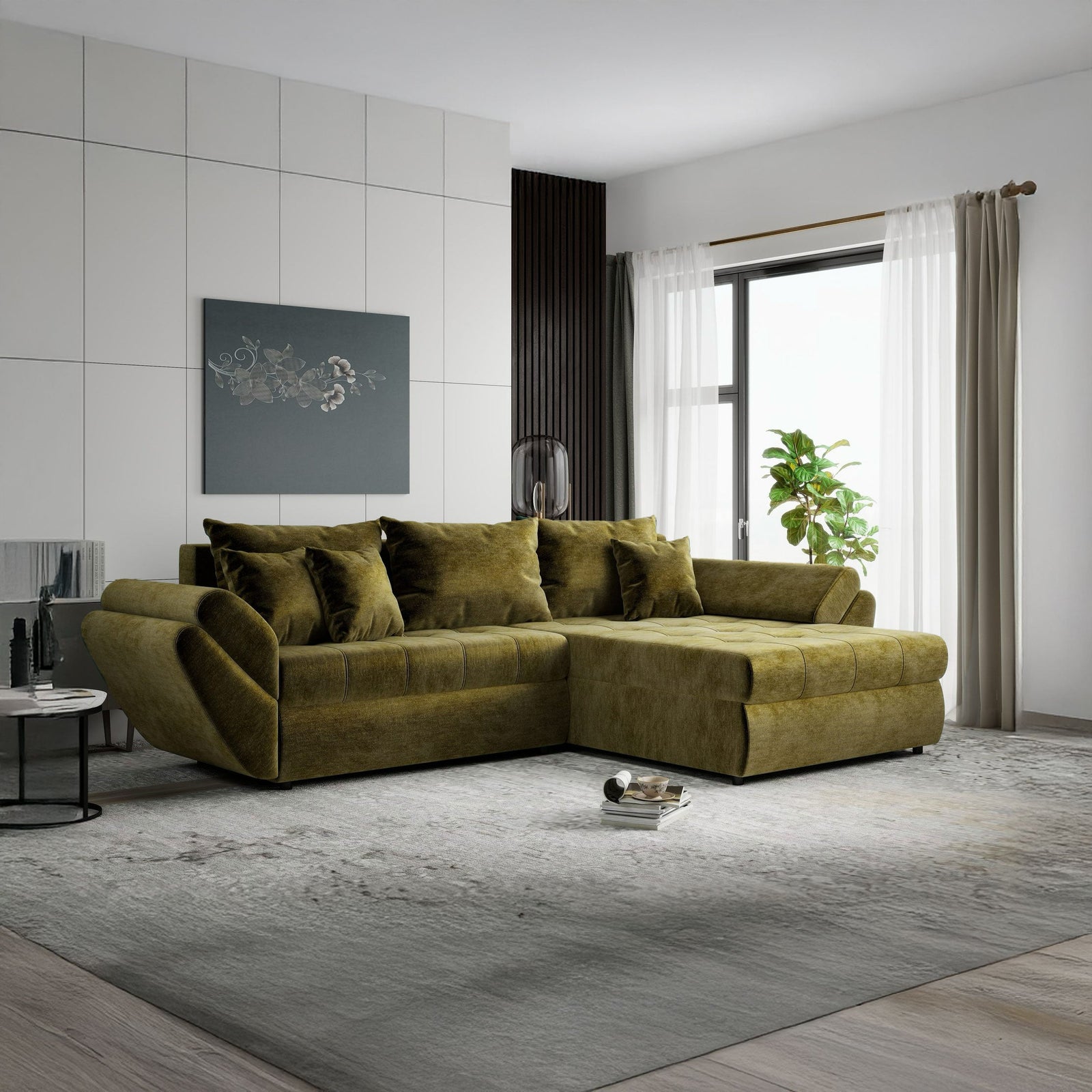Colțar extensibil dumonde cu ladă de depozitare Loana Monolith Verde olive II 270x185 cm